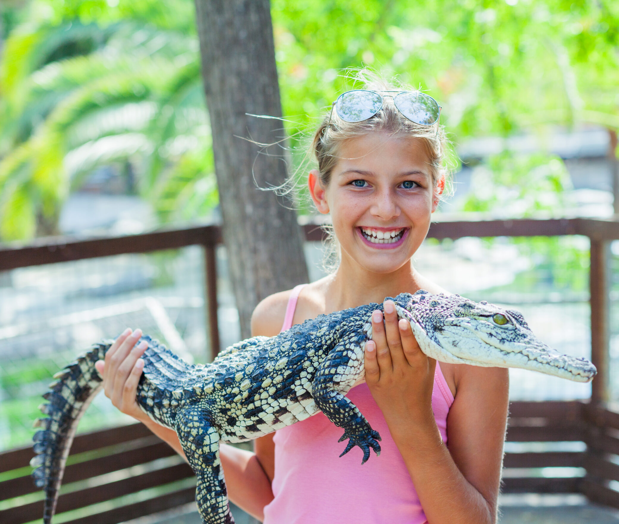 girl holding an alligator at coastal discovery museum